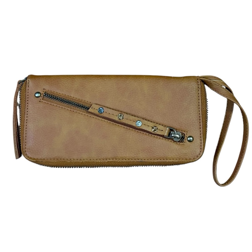 Free People Wristlet Wallet Clutch Camel Brown Vegan Leather Zip Closure NWOT - Picture 1 of 7